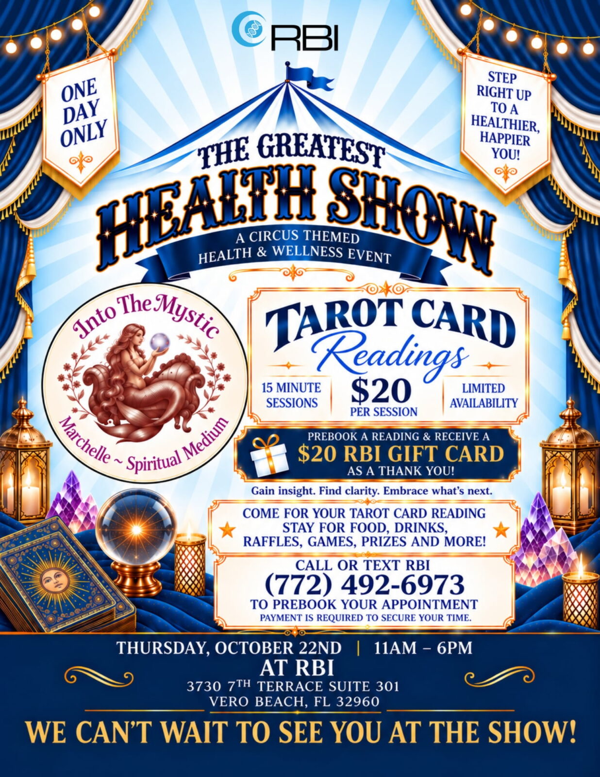The Greatest Health Show flyer with tarot card readings
